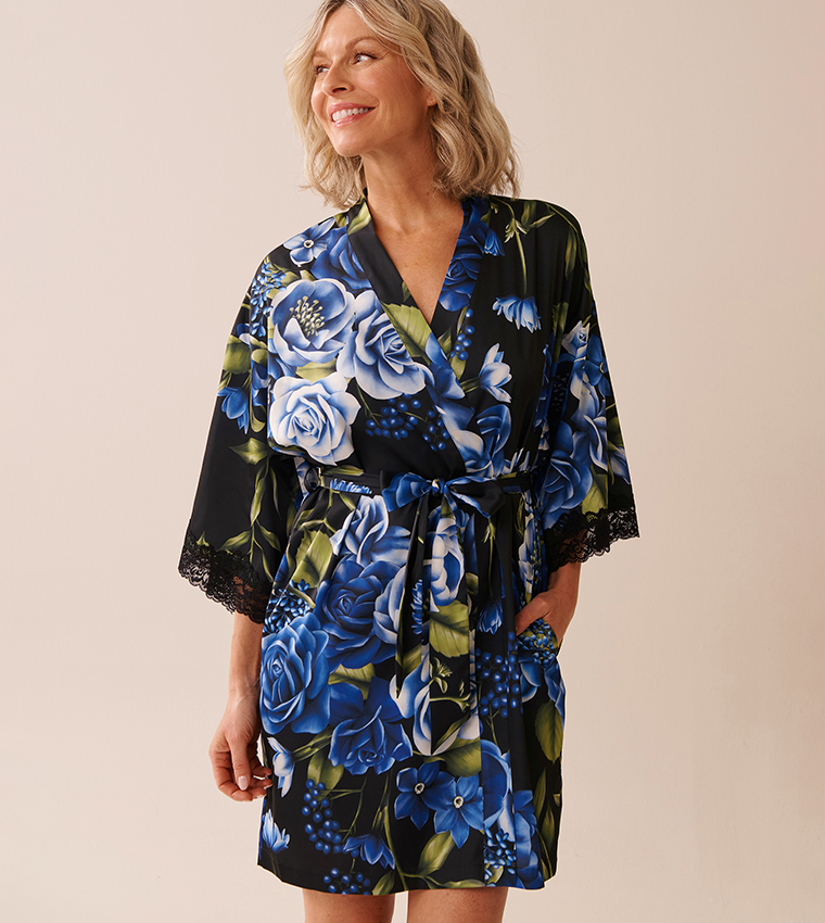 Rose Print Satin and Lace Trim Sleep Robe