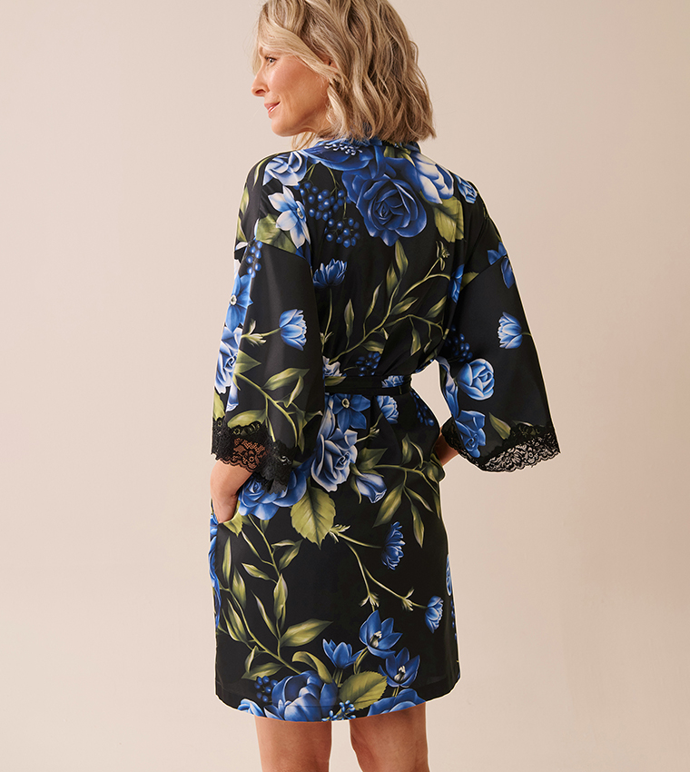Rose Print Satin and Lace Trim Sleep Robe