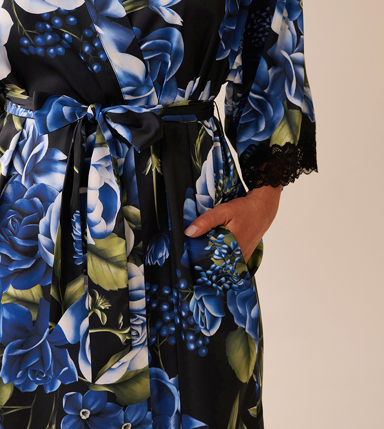 Rose Print Satin and Lace Trim Sleep Robe