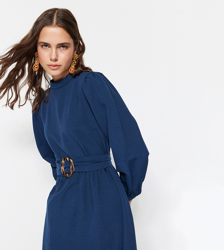 Mock Neck Puffed Sleeves Dress