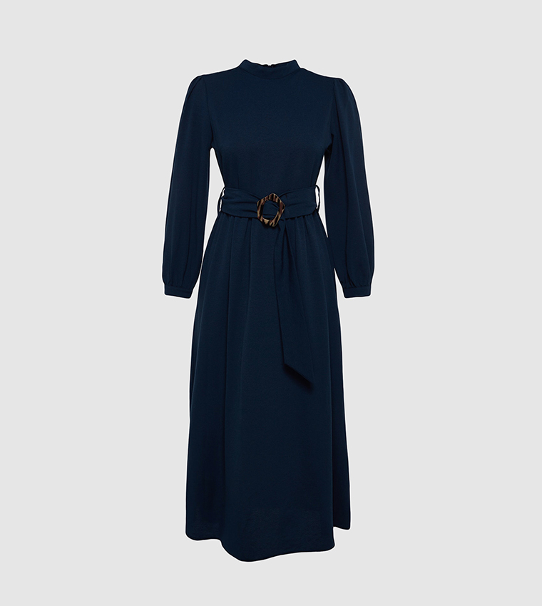 Mock Neck Puffed Sleeves Dress