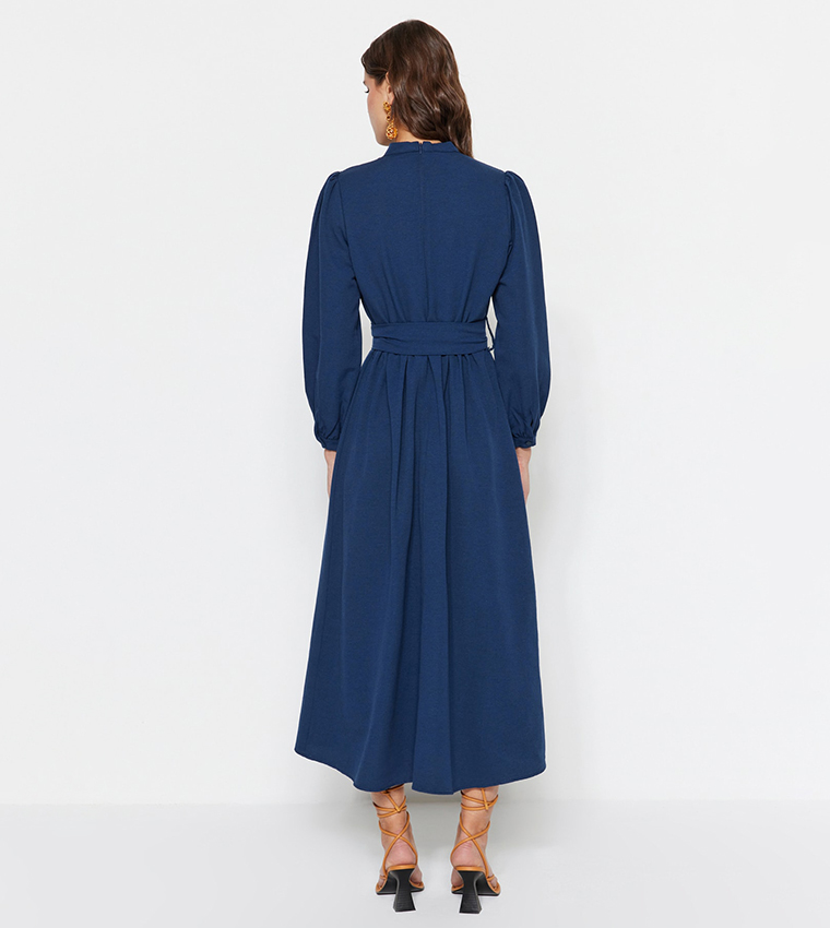 Mock Neck Puffed Sleeves Dress