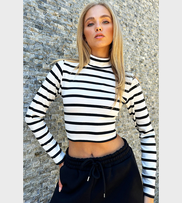 Buy Trend Alaçatı Stili Striped Mock Neck Crop Top In White