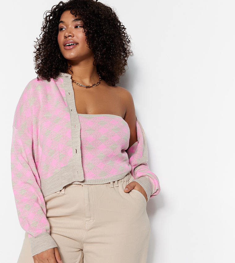 Buy Trendyol 2 Piece Plaid Knitted Cardigan Set In Pink