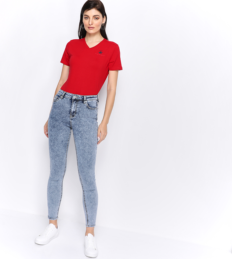 Logo Embroidered V-Neck T-Shirt - Red BP L1367