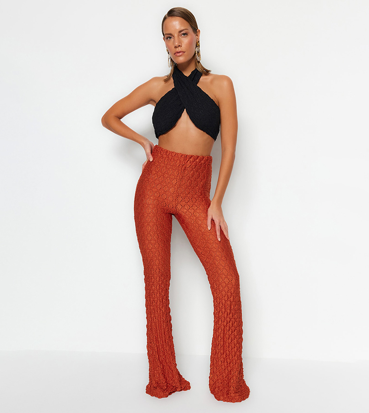 Patterned Elastic Waist Wide Leg Pants