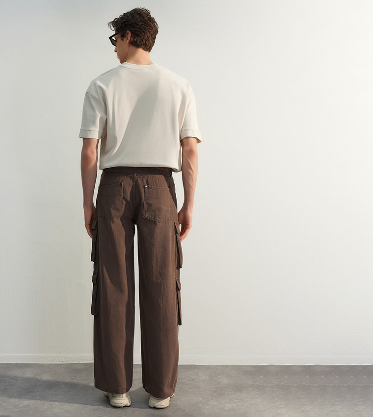 Solid Elastic Waist Cargo Pants