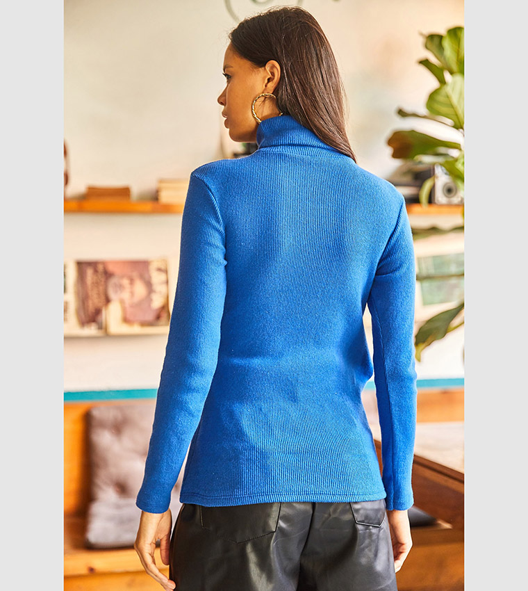 Buy Olalook Button Detail Turtleneck Sweater In Blue