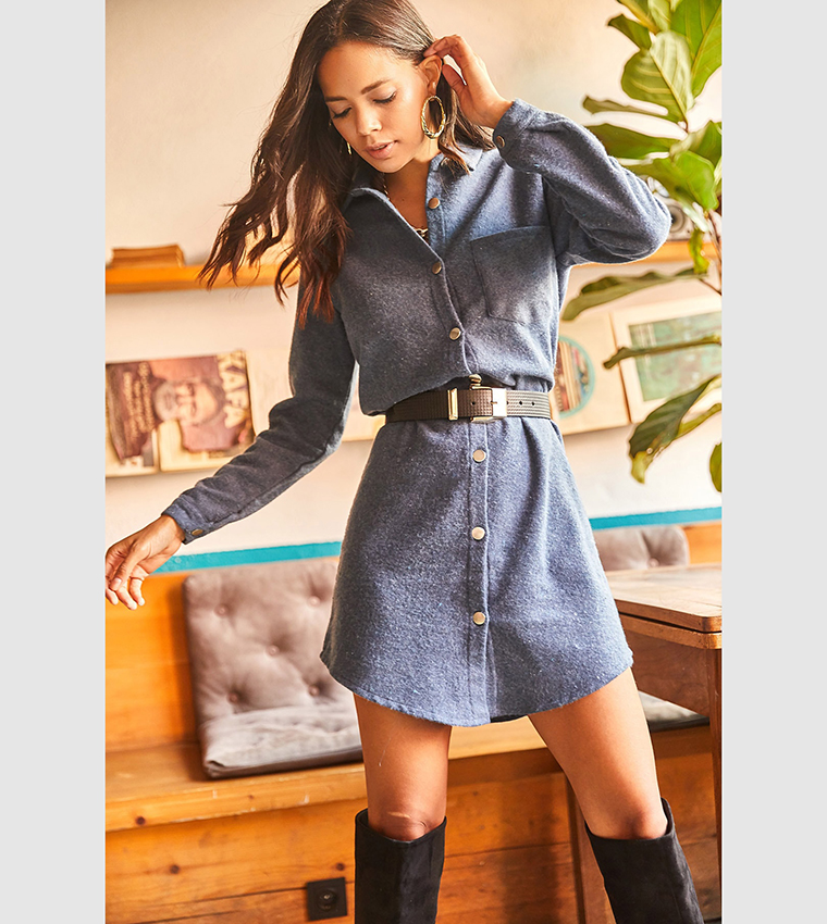 Buy Olalook Solid Cachet Shirt Dress In Blue 6thStreet Bahrain