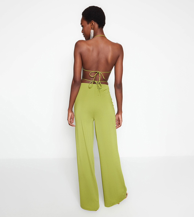 Tailored Linen Strappy Cut Out Detail Wide Leg Jumpsuit