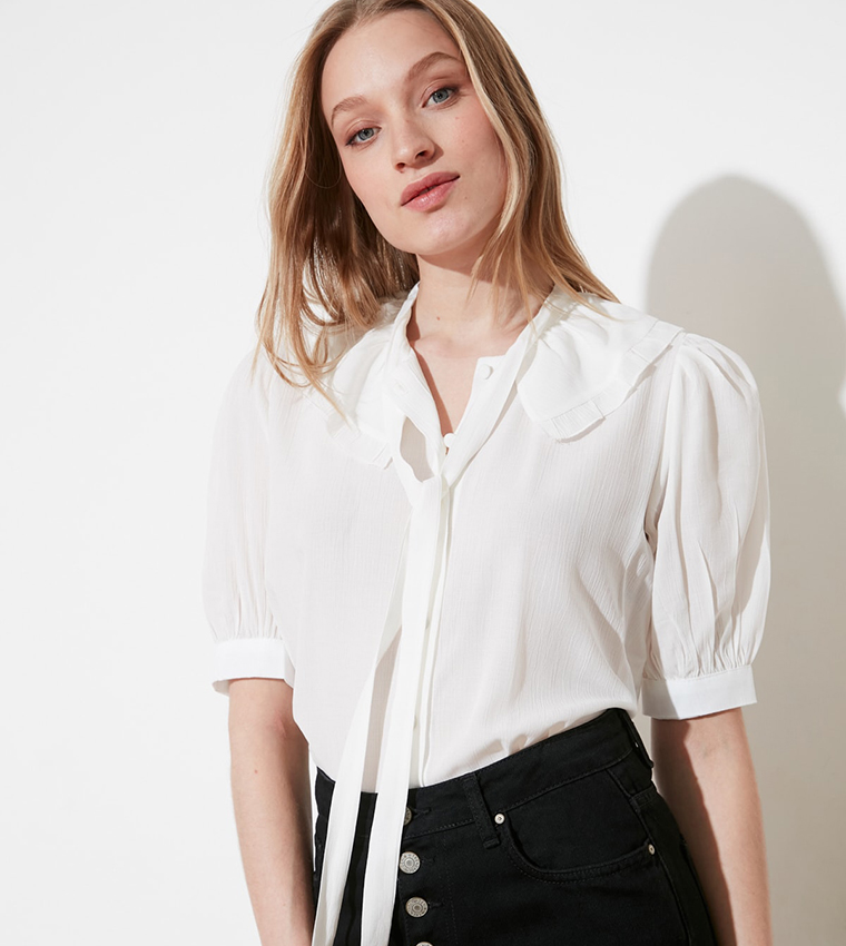 Buy Trendyol Solid Flat Collar Tie Up Shirt In White 6thStreet Oman