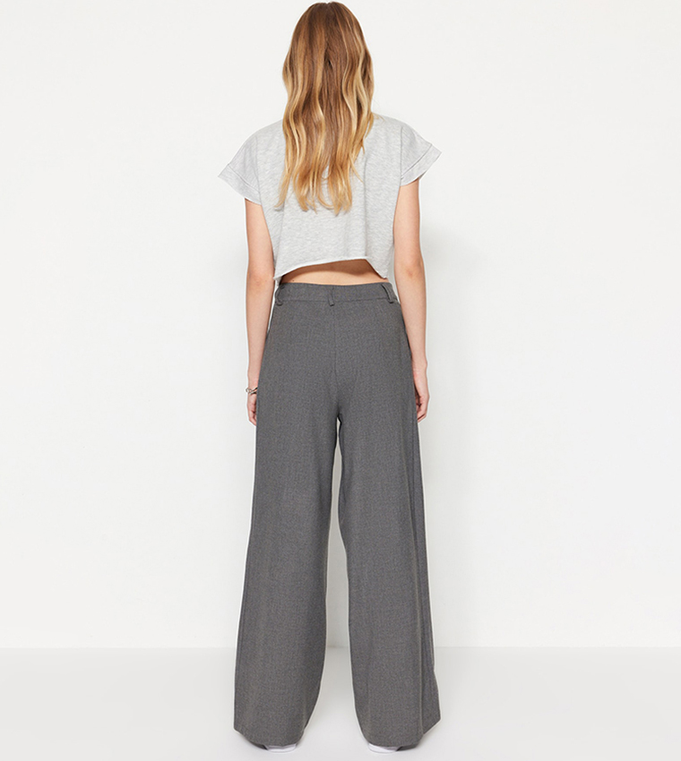 Pinstripe Tie Waist Tailored Wide Leg Trousers