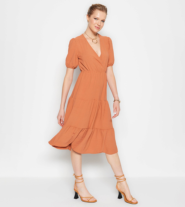 Orange v 2024 neck dress