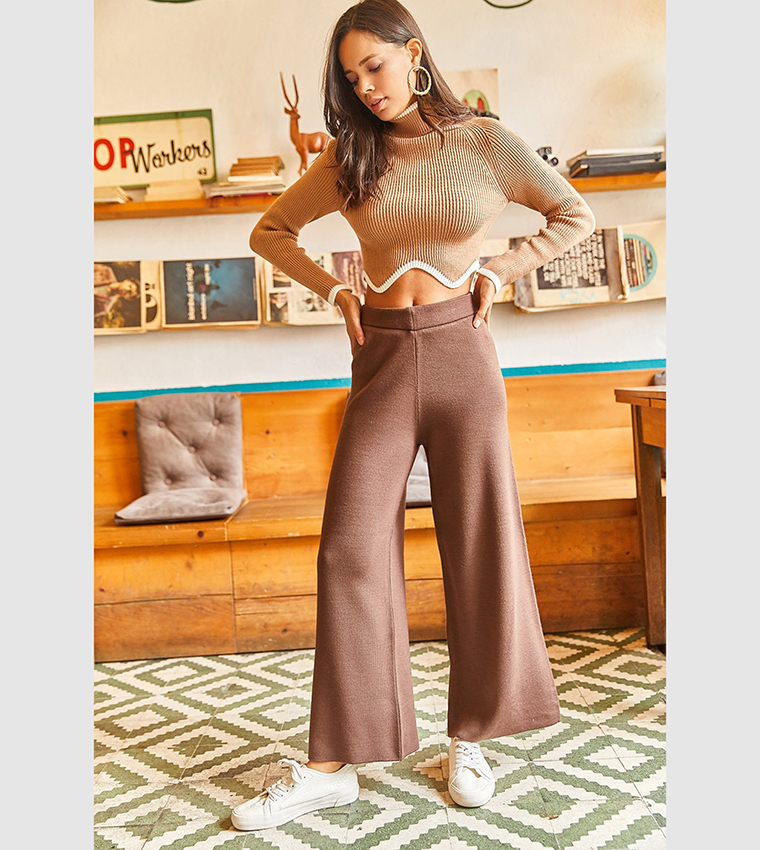 Buy Olalook High Rise Elastic Waist Knitted Palazzo Pants In Brown