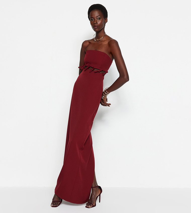 Buy Trendyol Saks Cut Out Detail Evening Dress In Burgundy