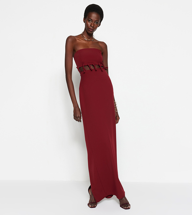 Buy Trendyol Saks Cut Out Detail Evening Dress In Burgundy