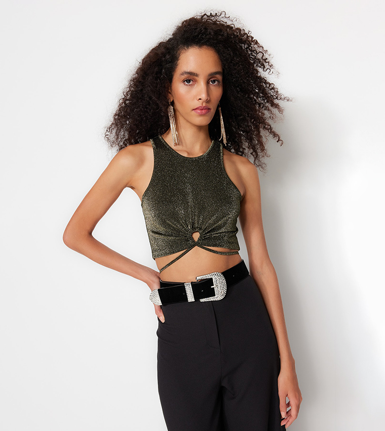 Buy Trendyol Shimmer Rushed Waist Crop Top In Bronze