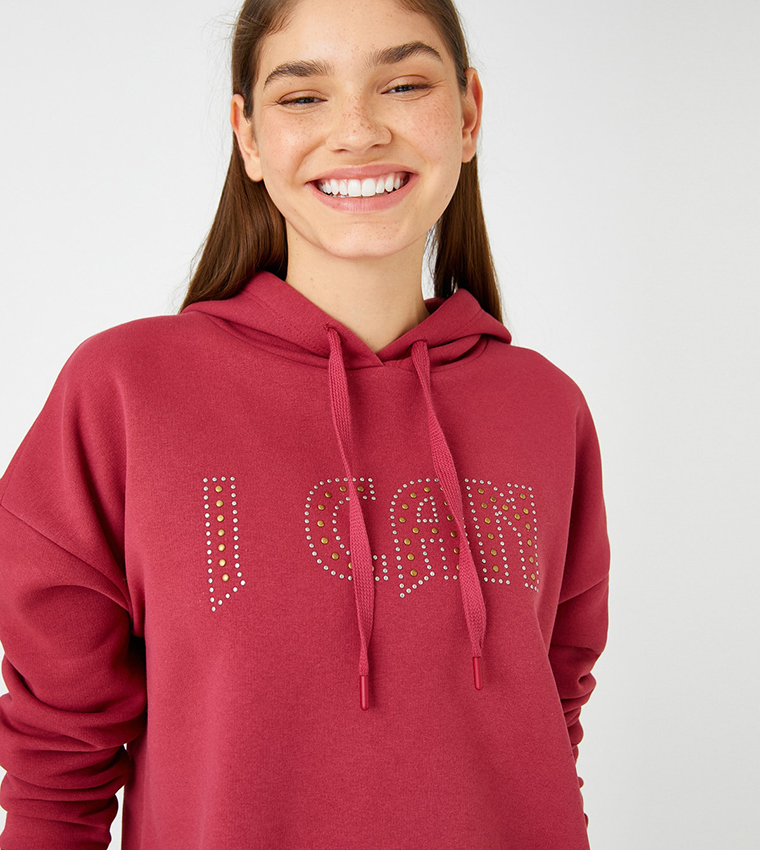 Buy Koton Soft Textured Slogan Printed Hoodie In Burgundy