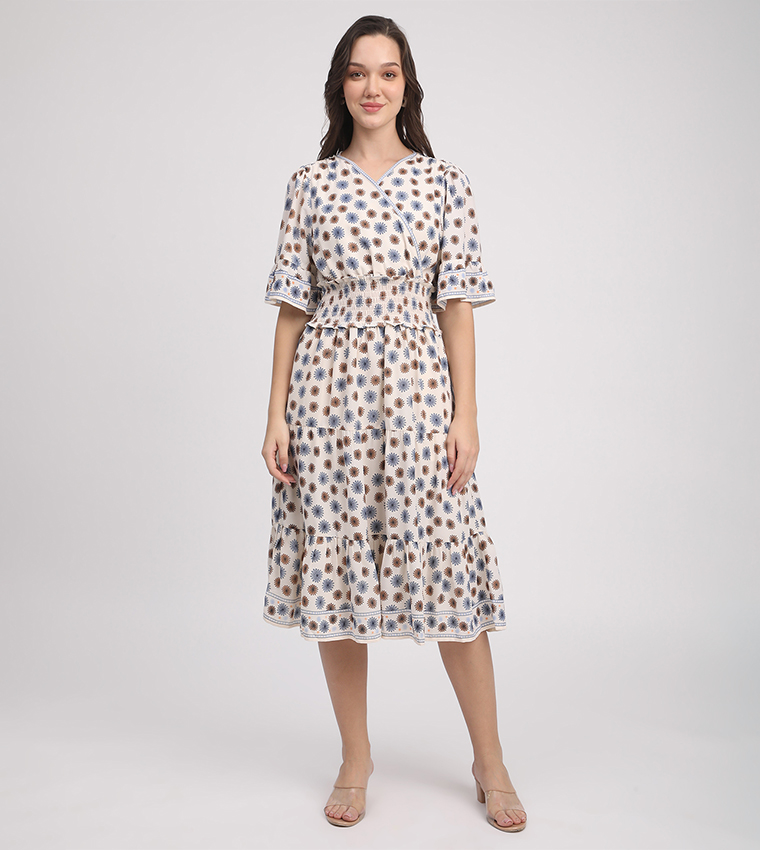 Printed 3/4 Sleeves Midi Dress