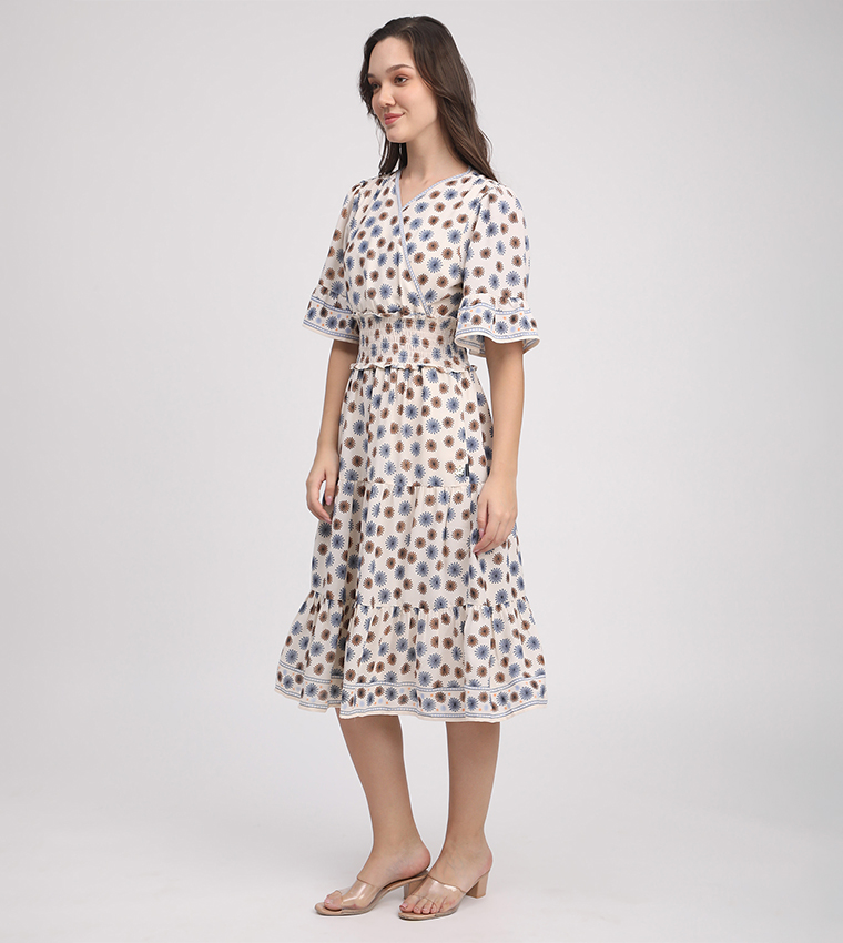Printed 3/4 Sleeves Midi Dress