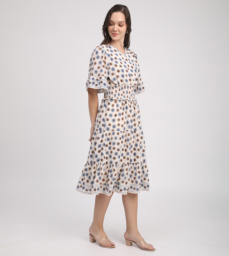 Printed 3/4 Sleeves Midi Dress
