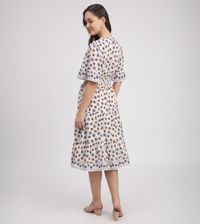 Printed 3/4 Sleeves Midi Dress