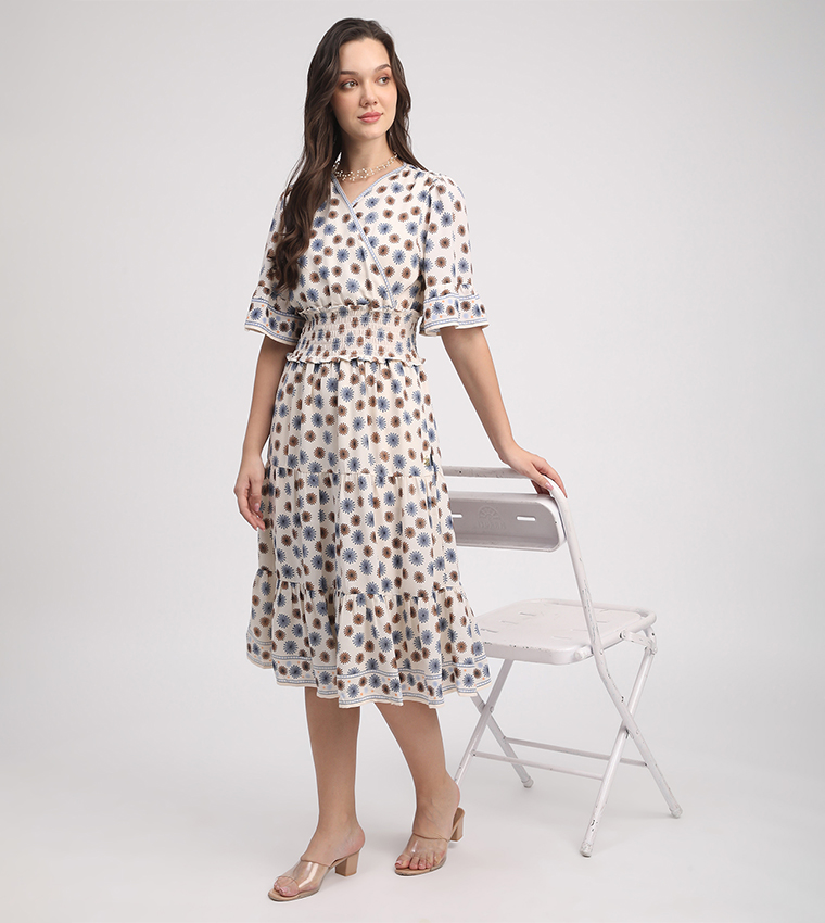 Printed 3/4 Sleeves Midi Dress