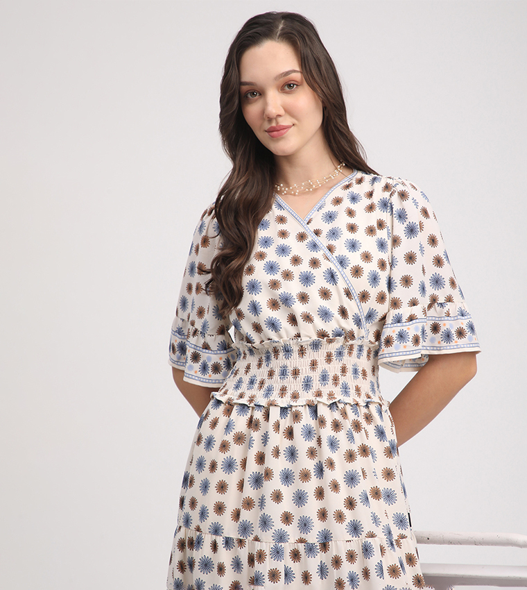 Printed 3/4 Sleeves Midi Dress
