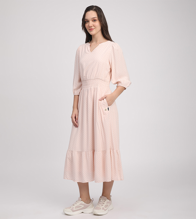 Printed Elastic Waist Midi Dress