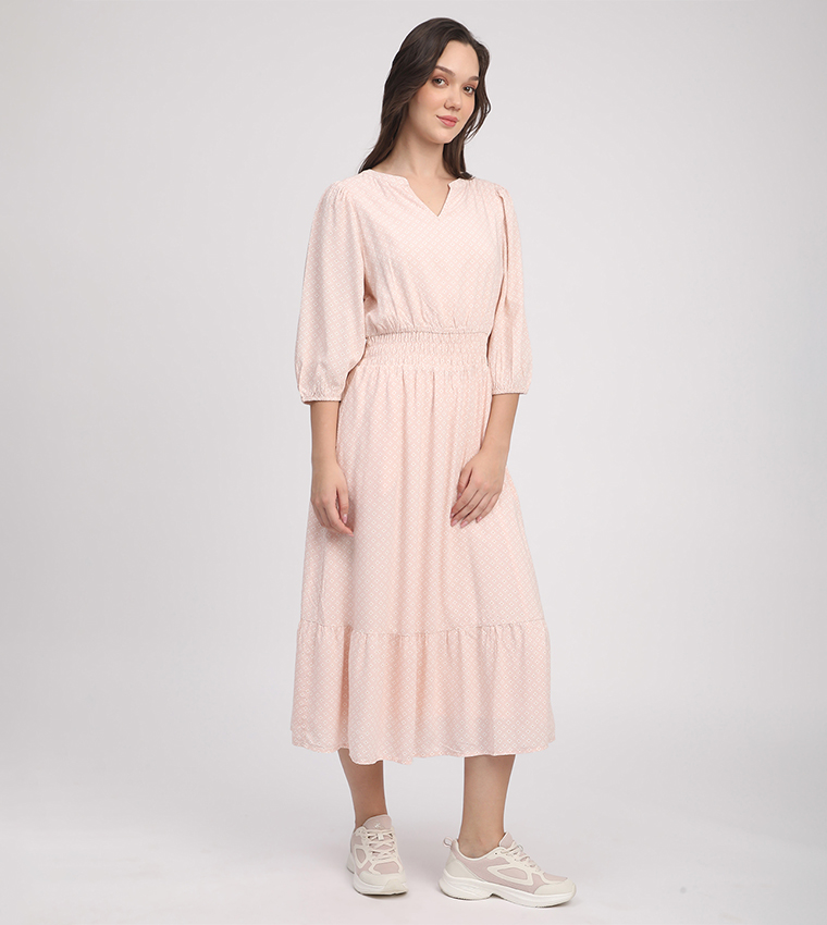 Printed Elastic Waist Midi Dress
