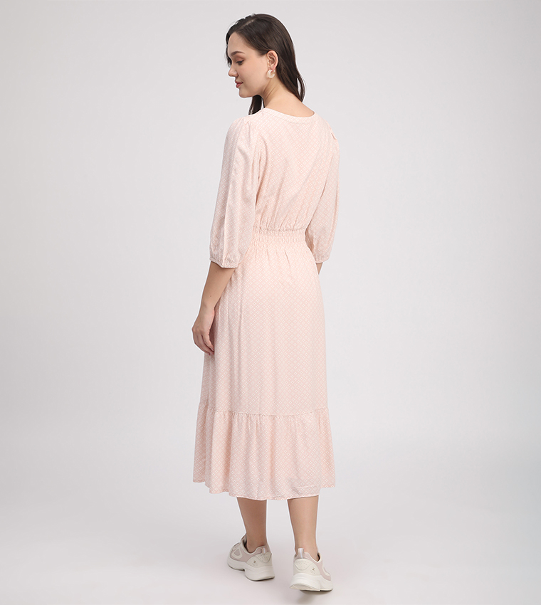 Printed Elastic Waist Midi Dress