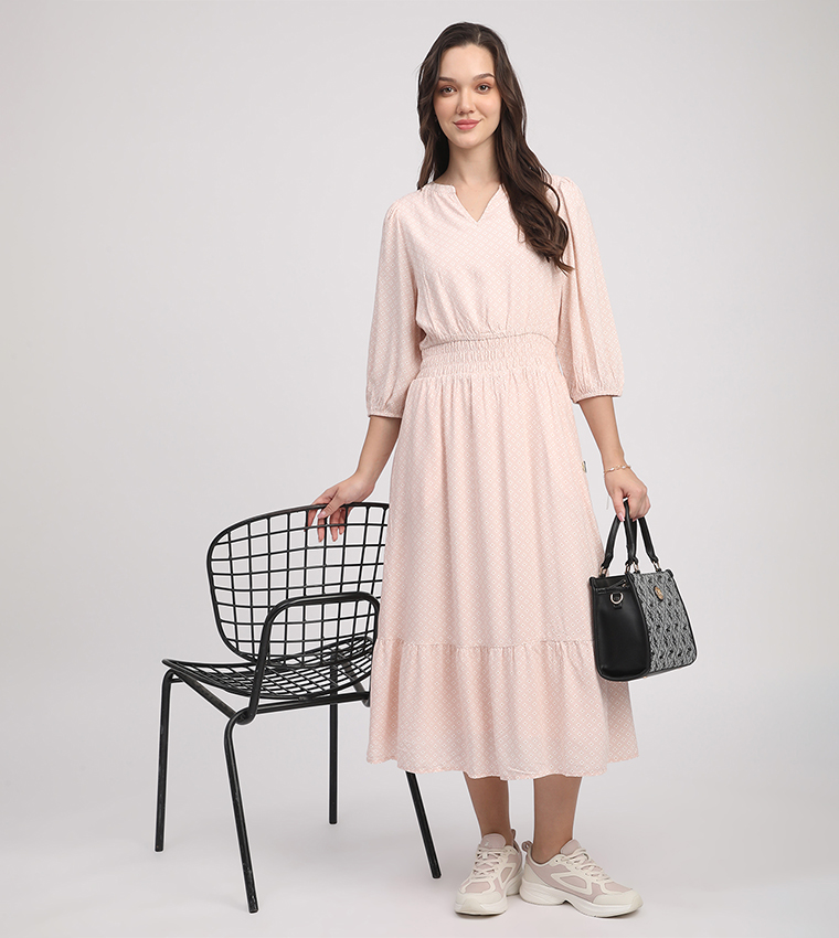 Printed Elastic Waist Midi Dress