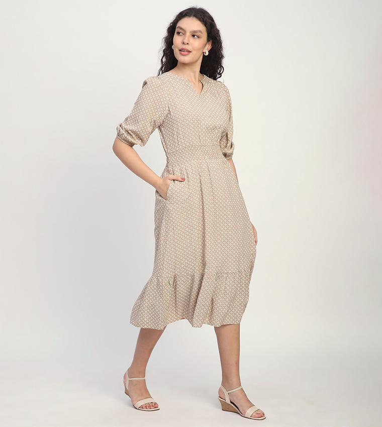 All Over Print Short Sleeves Midi Dress