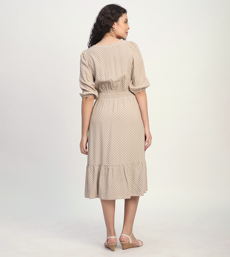 All Over Print Short Sleeves Midi Dress