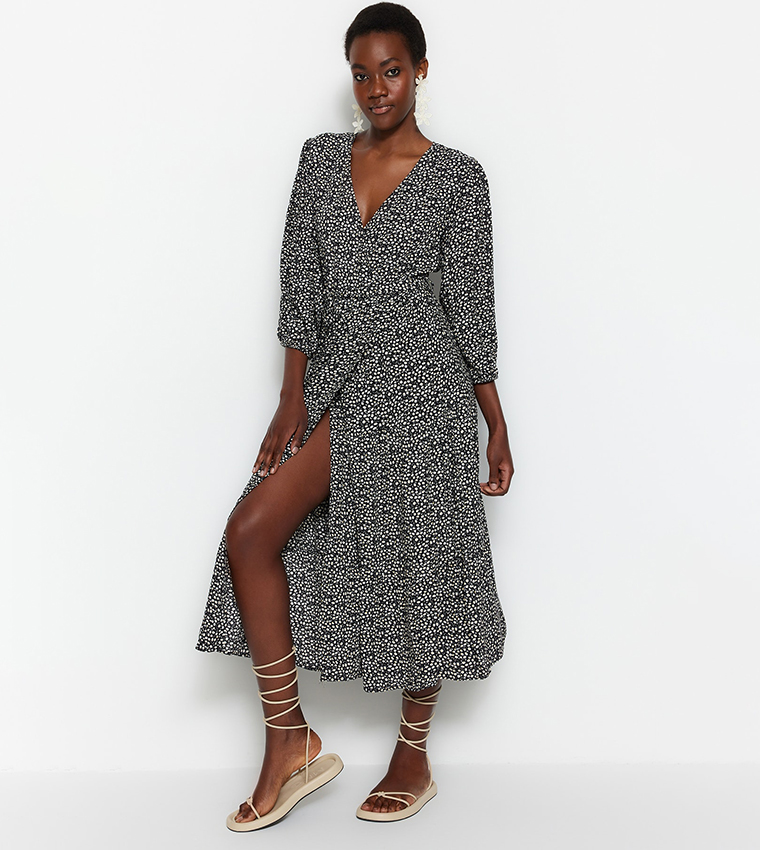 Black casual wrap top dress