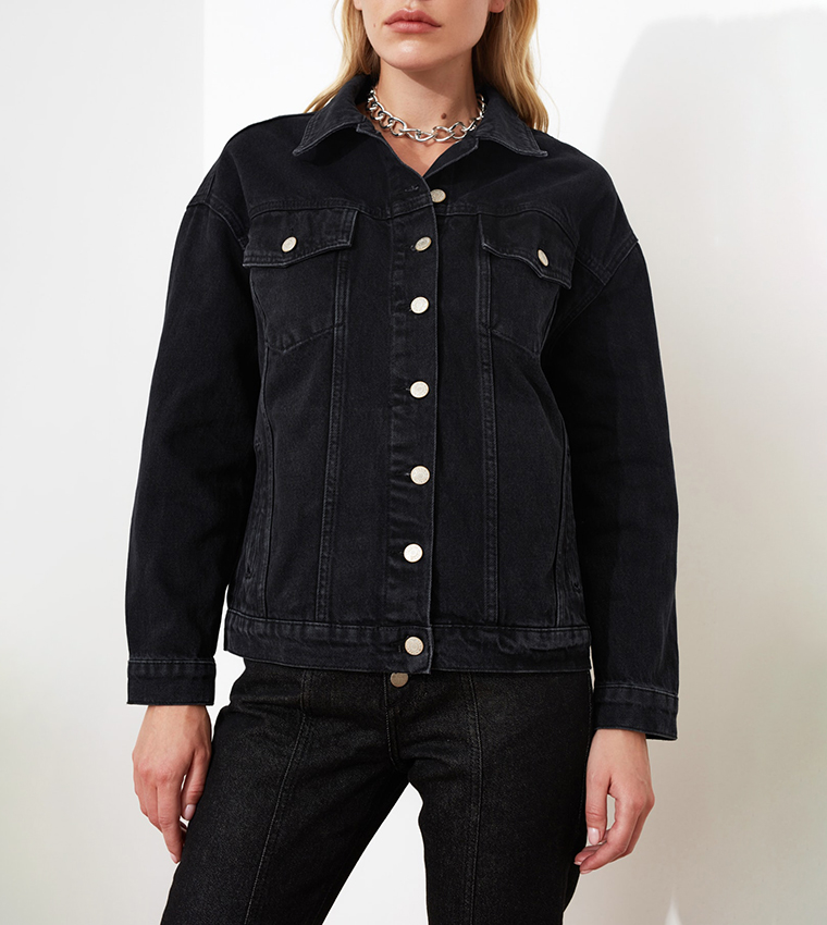 Trendyol Basic Denim Jacket In Black 