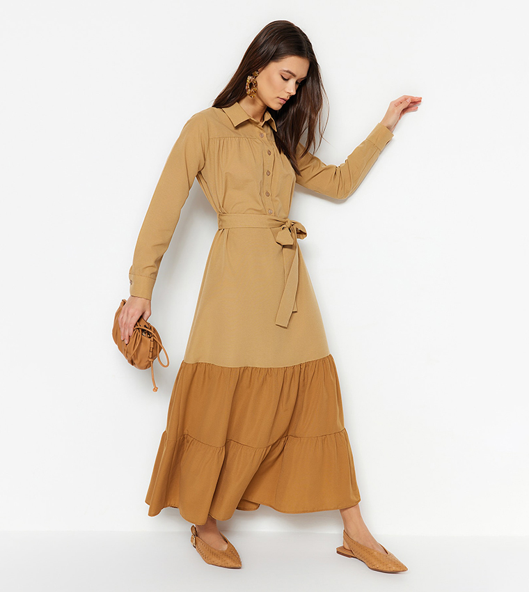 Color Block Waist Belt Tiered Dress
