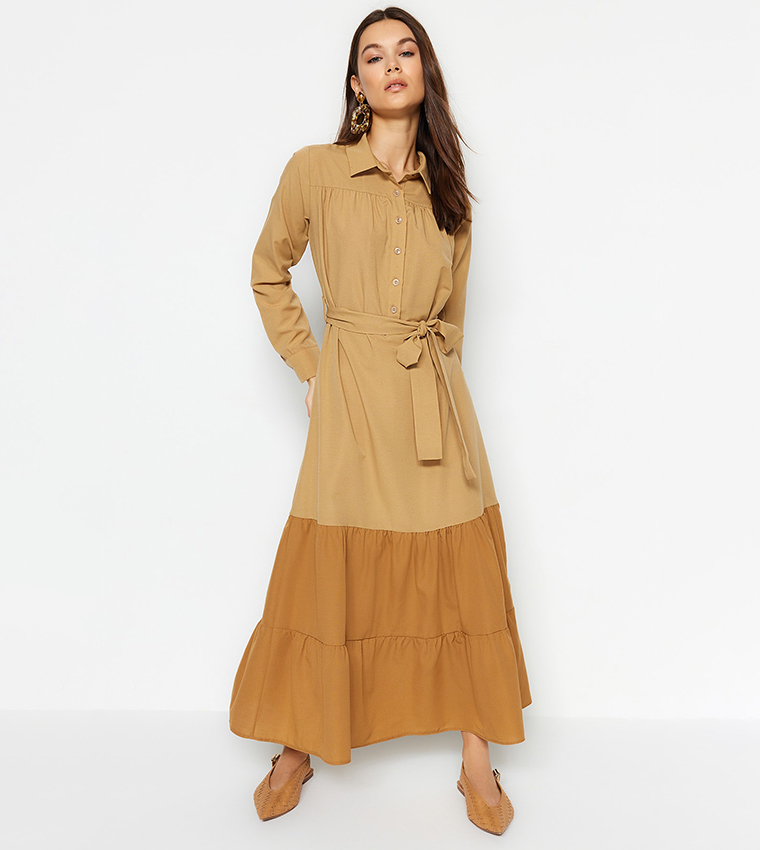 Color Block Waist Belt Tiered Dress