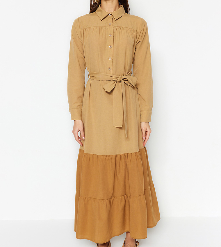 Color Block Waist Belt Tiered Dress