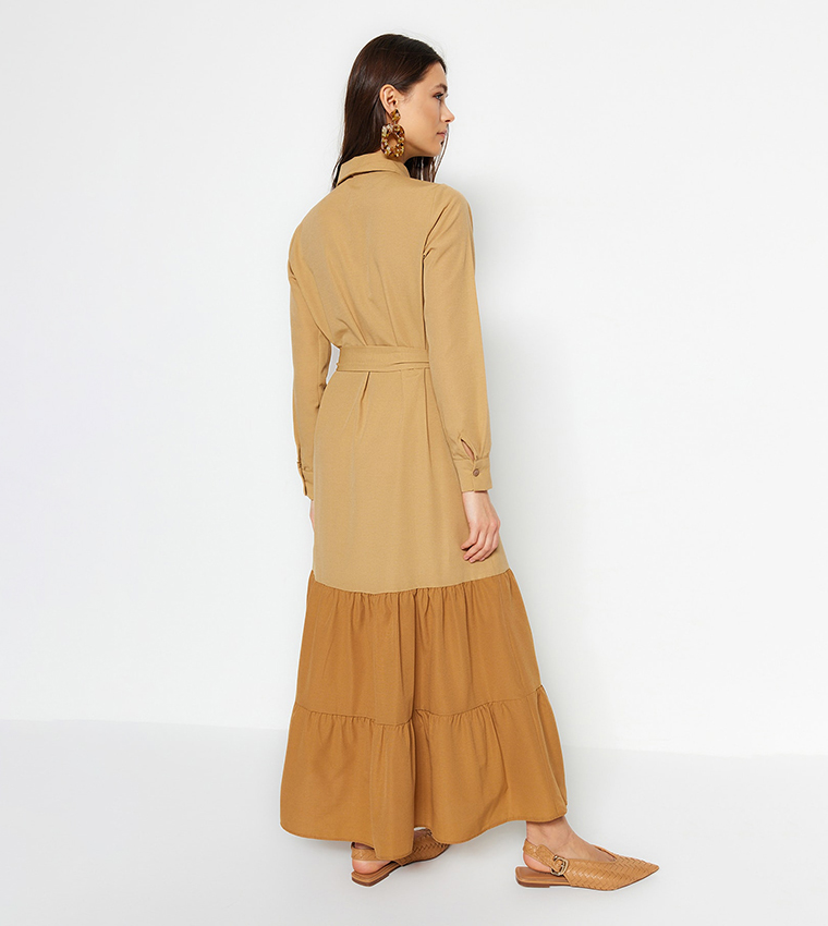 Color Block Waist Belt Tiered Dress