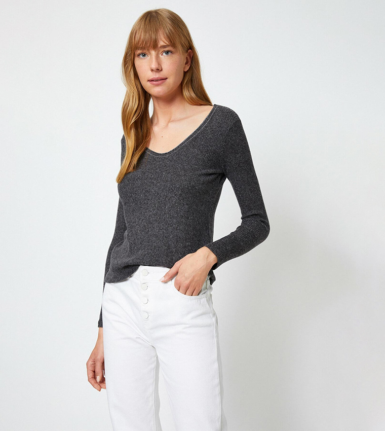 Koton Damen Crop Pullover – Mesh-Einsätze, Scoop Neck