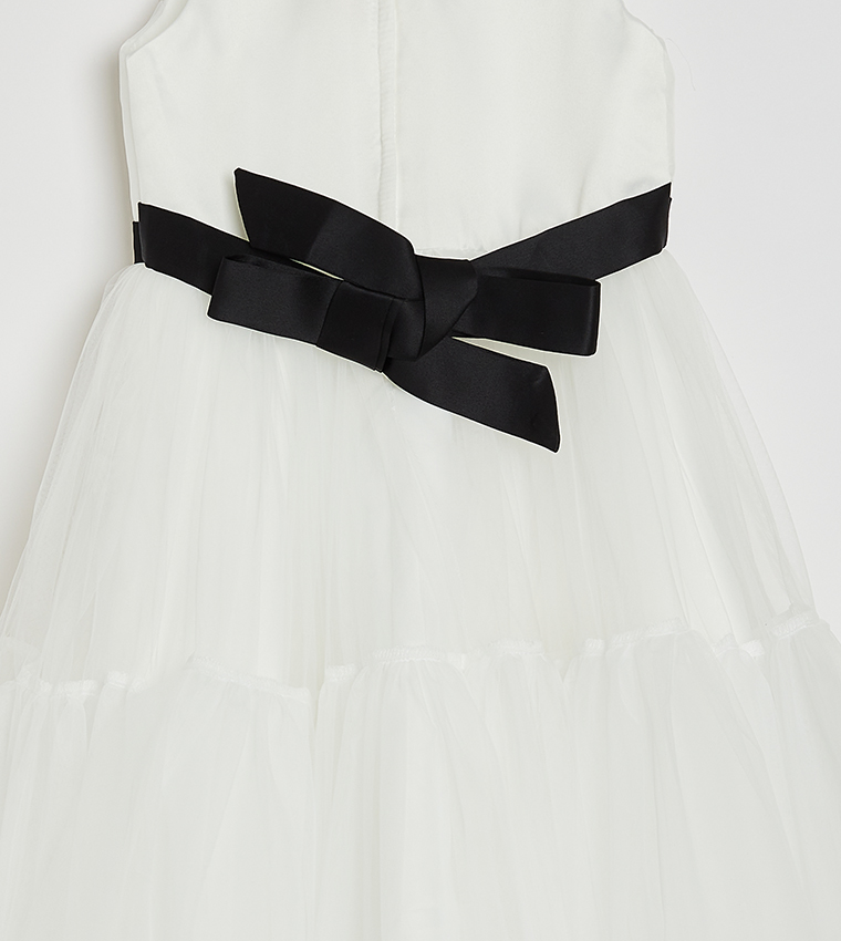 Girl's Bow Front Ruffle Hem Mesh Gown Dress