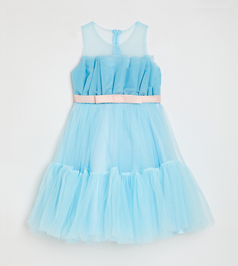Girl's Bow Front Ruffle Hem Mesh Gown Dress