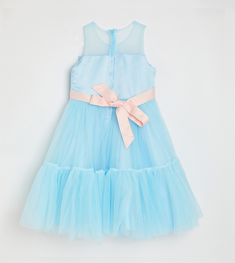Girl's Bow Front Ruffle Hem Mesh Gown Dress