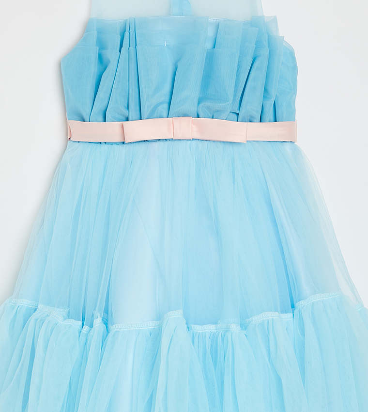 Girl's Bow Front Ruffle Hem Mesh Gown Dress