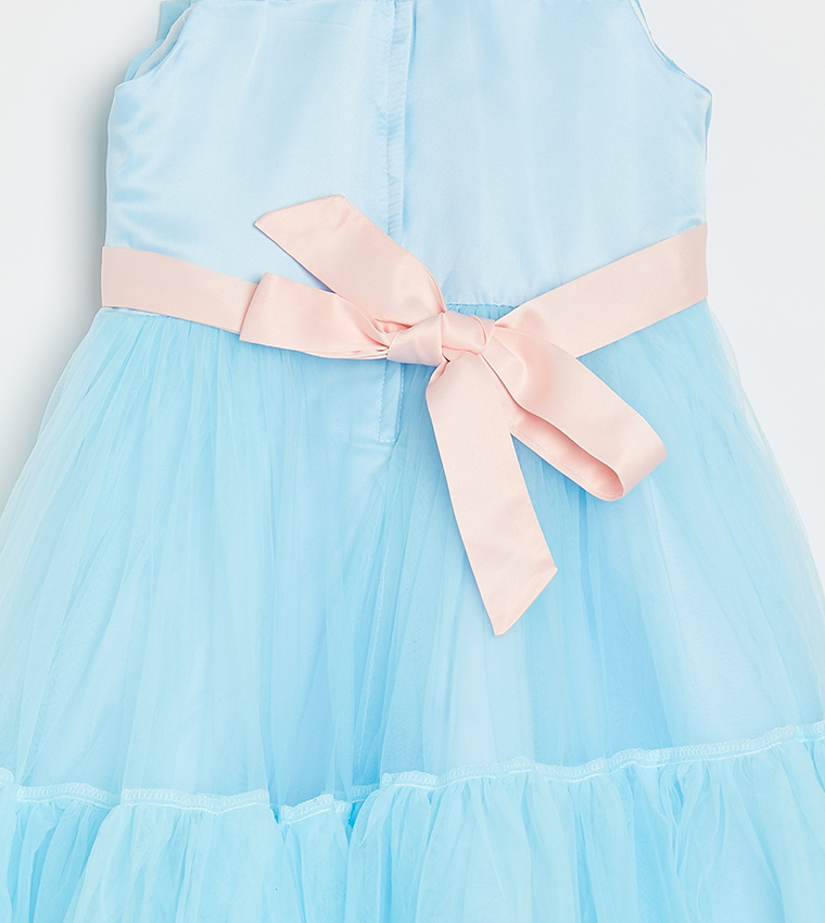 Girl's Bow Front Ruffle Hem Mesh Gown Dress
