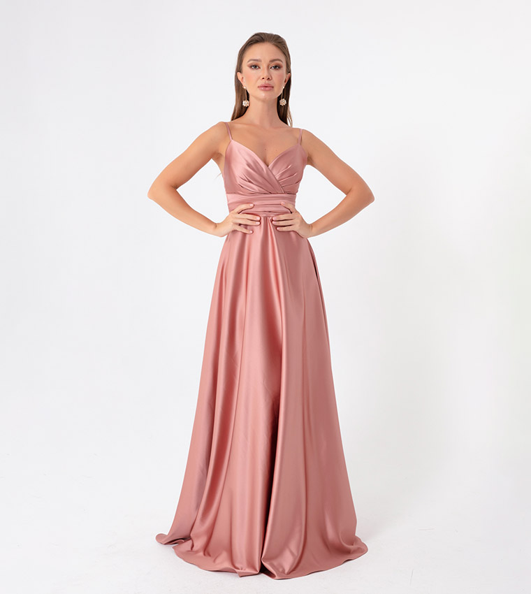 Buy Lafaba Solid Strappy Evening Gown In Pink 6thStreet UAE