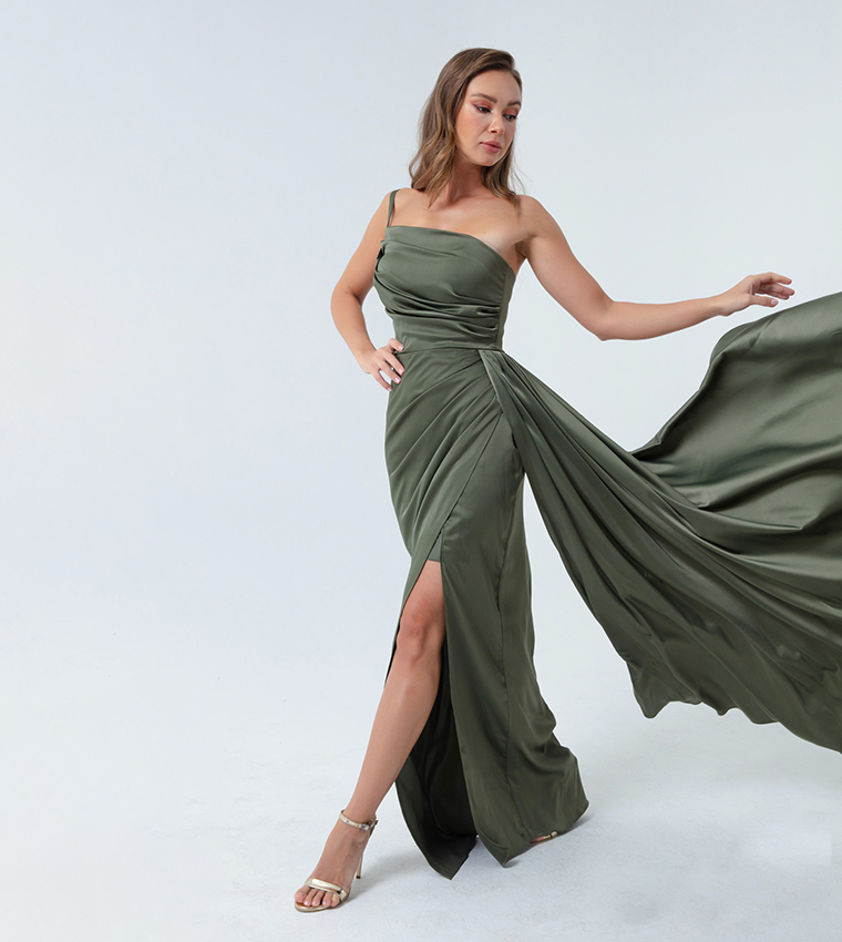Buy Lafaba Solid Satin Evening Gown In Olive