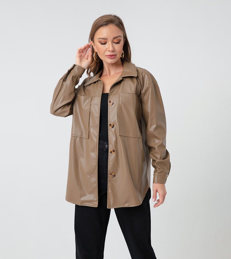 Buy Lafaba Faux Leather Shacket In Taupe 6thStreet UAE
