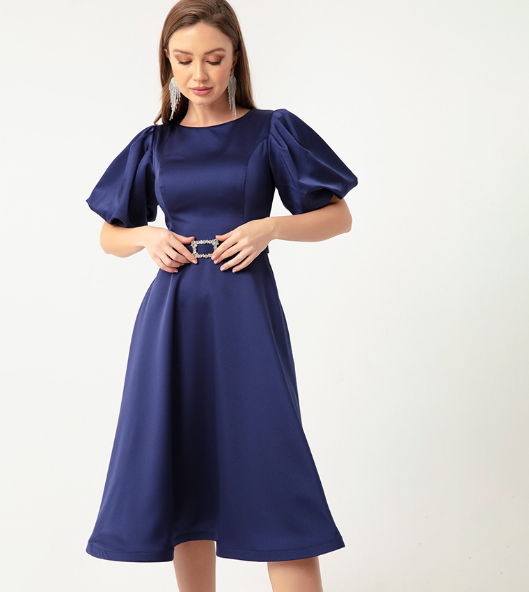 Buy Lafaba Belted Balloon Sleeves Fit And Flare Dress In Navy | 6thStreet  Bahrain